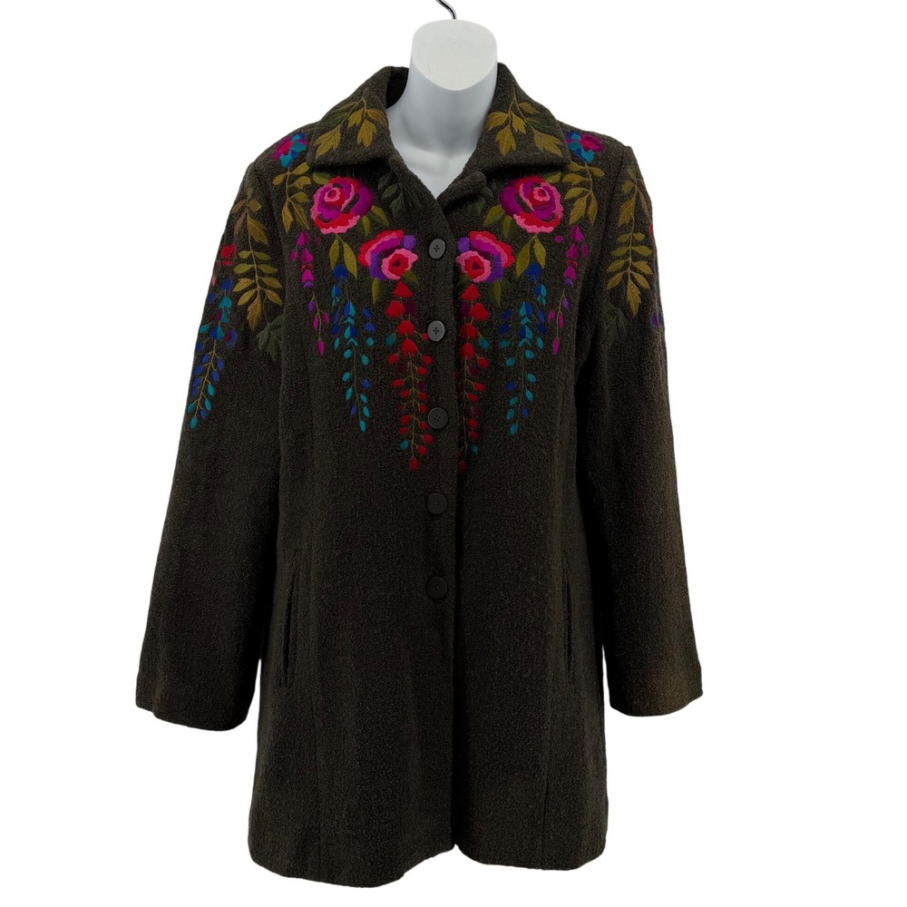 Linea by Louis Dell'Olio Wool Blend Floral Embroidered Coat Womens Medium Bouclé